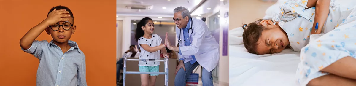 collage child with hand on head. doctor young patient giving high 5. child in pain grasping stomach